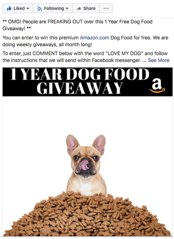 1 year dog food giveaway | messenger bot giveaway